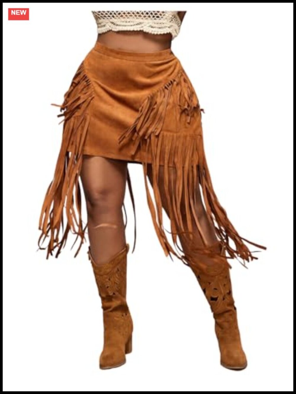Plus Size Faux Suede Fringe Skirt High Waisted Tassel Cowgirl Mini